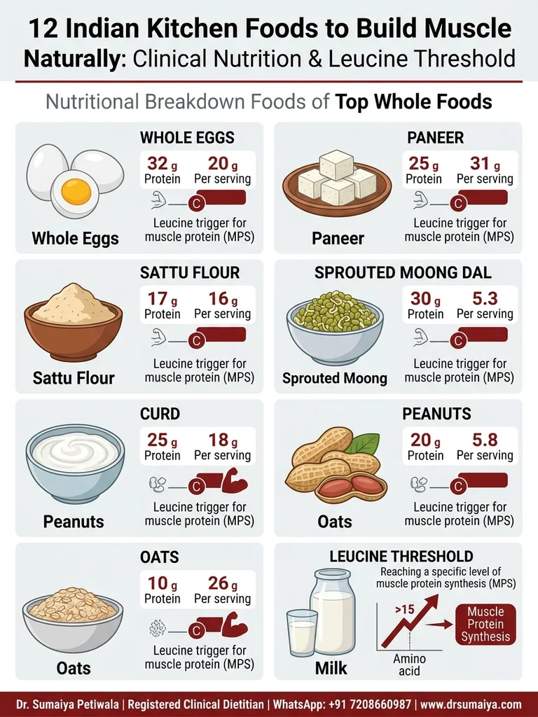 12 Indian Kitchen Foods to Build Muscle Naturally Leucine Threshold Infographic by Dr. Sumaiya Petiwala