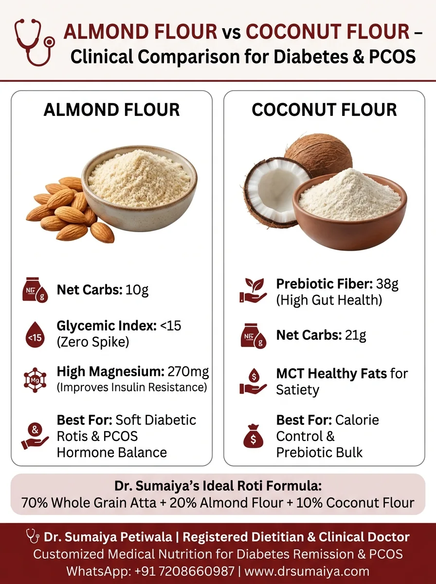 Almond Flour vs Coconut Flour Clinical Comparison Infographic for Diabetes & PCOS