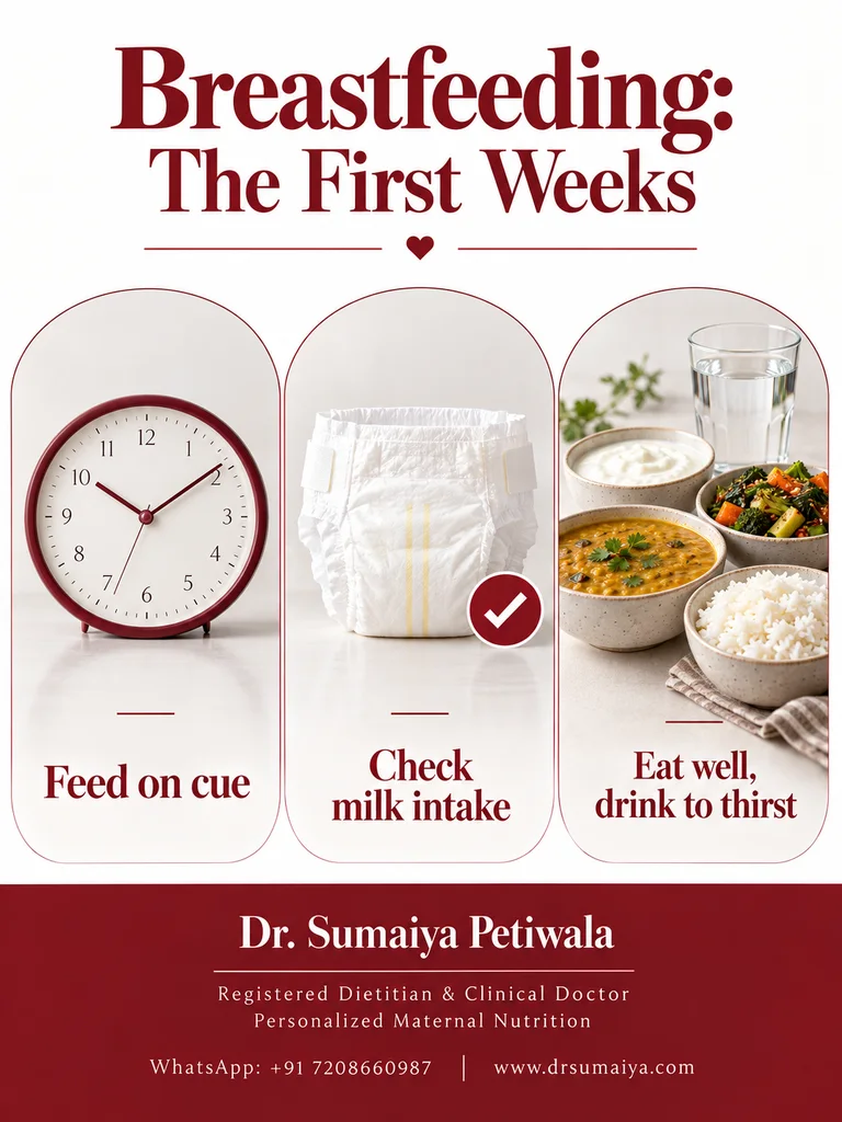 Breastfeeding checklist: feed on cue, check milk intake, and eat well while drinking to thirst