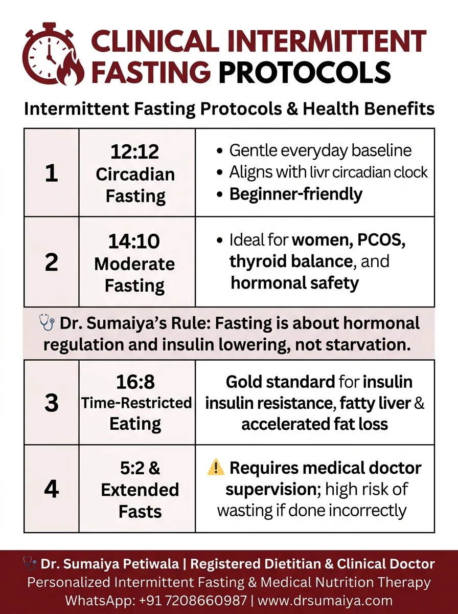 Clinical Intermittent Fasting Protocols and Health Benefits Infographic with Dr. Sumaiya CTA
