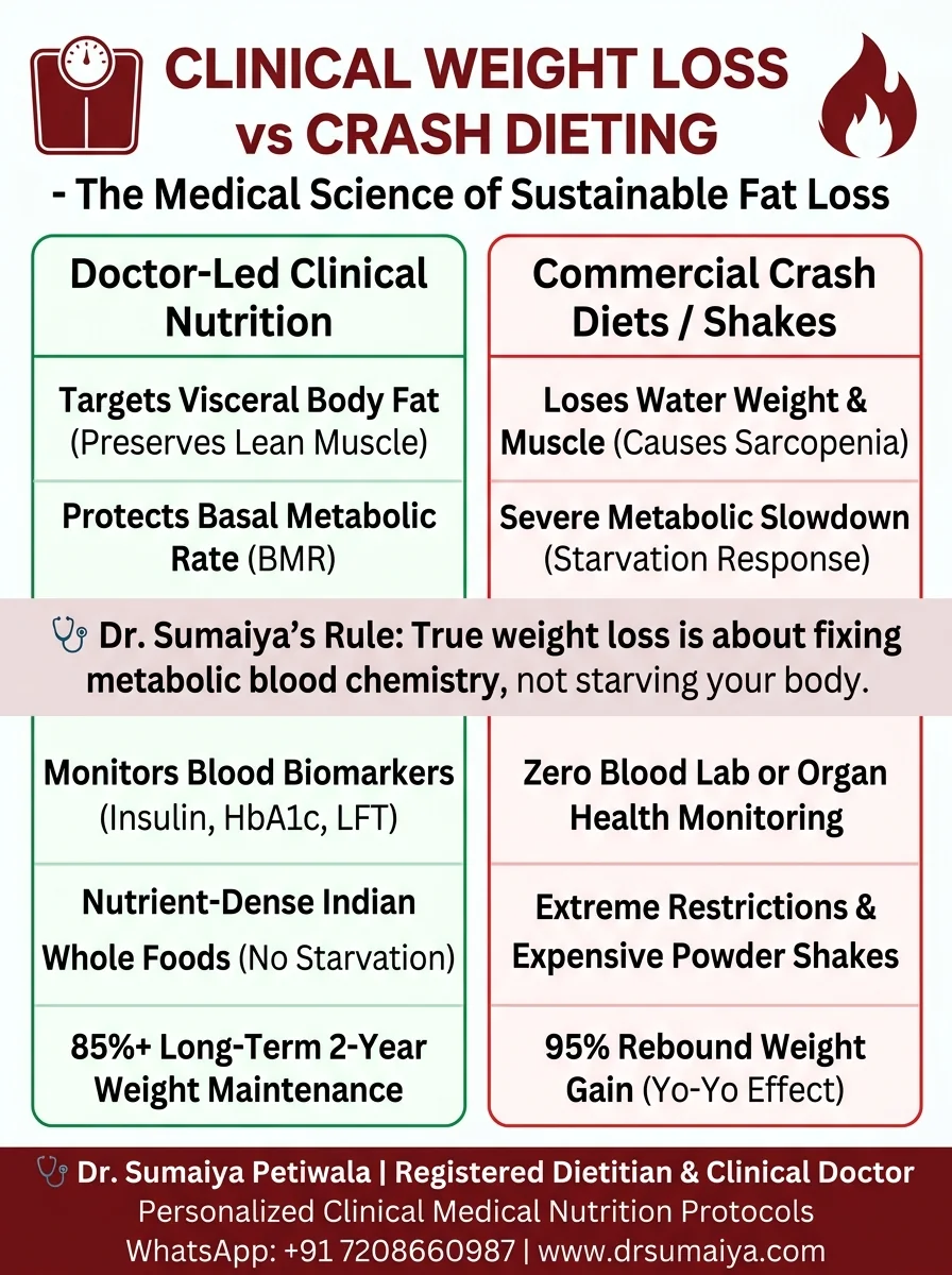 Clinical Weight Loss Program with a Registered Dietitian vs Crash Dieting Infographic with Dr. Sumaiya CTA