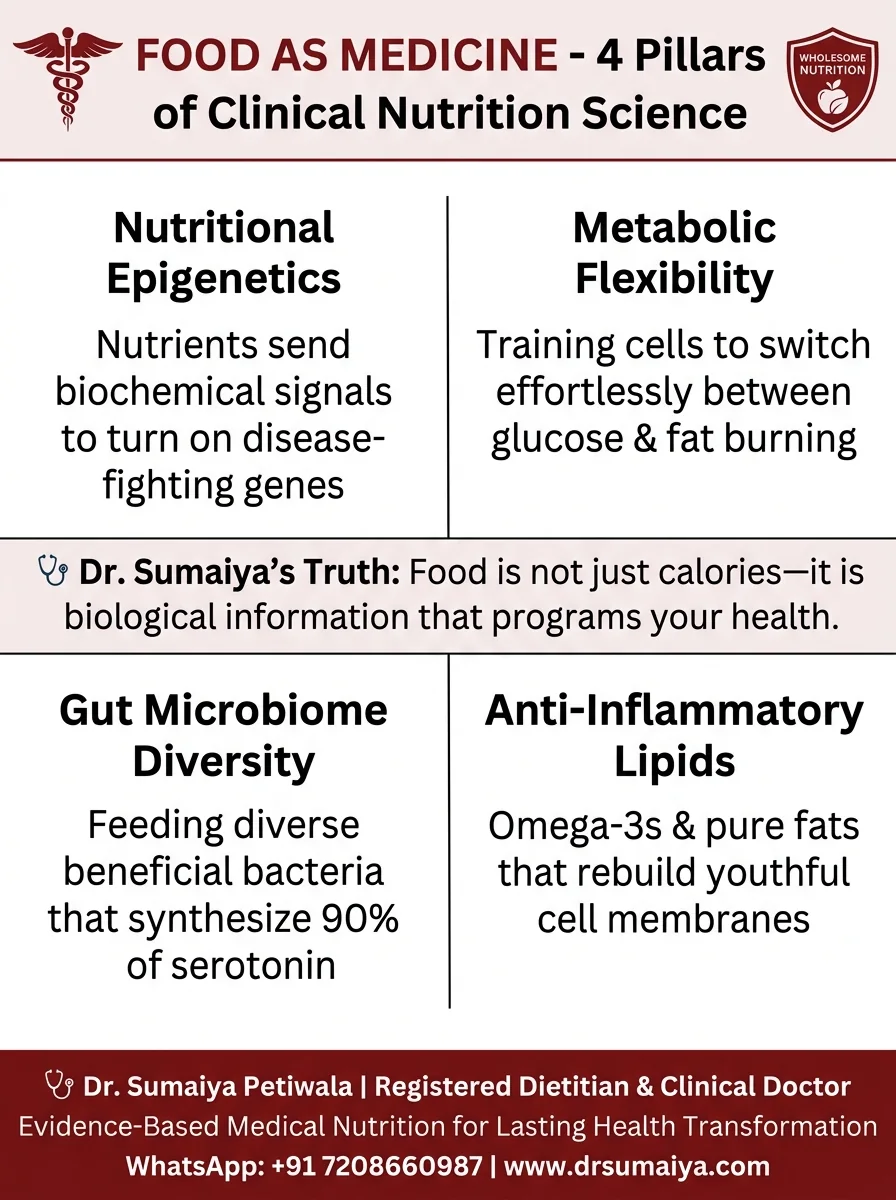 Food As Medicine 4 Pillars of Clinical Nutrition Science Infographic with Dr. Sumaiya CTA