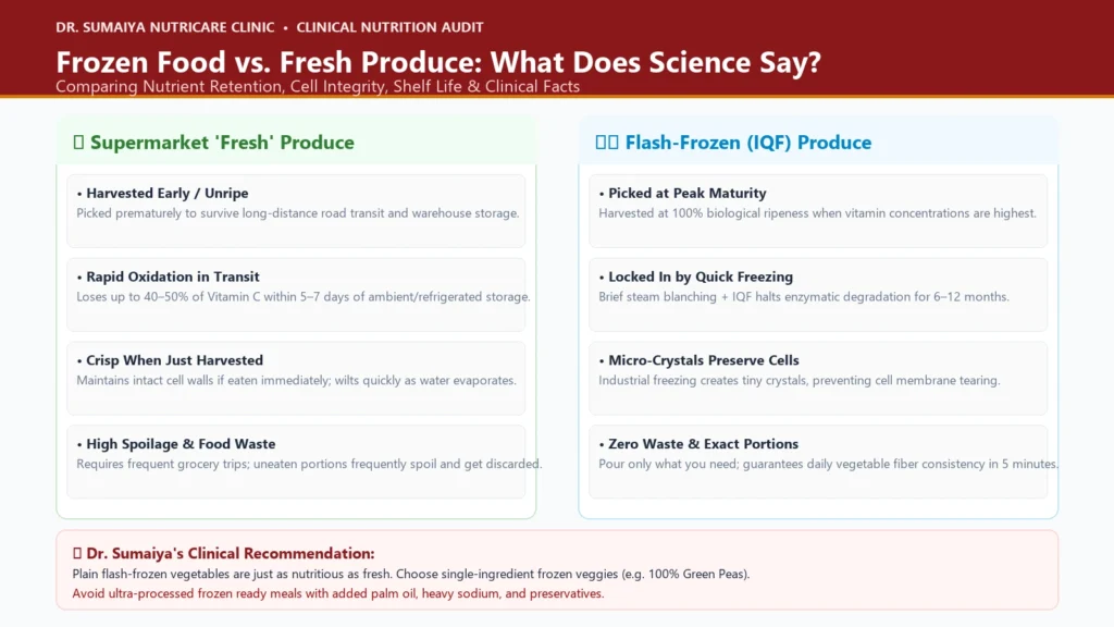 Frozen Food vs Fresh Produce Clinical Nutrition Comparison Infographic by Dr Sumaiya Petiwala