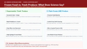 Frozen Food vs Fresh Produce Clinical Nutrition Comparison Infographic by Dr Sumaiya Petiwala