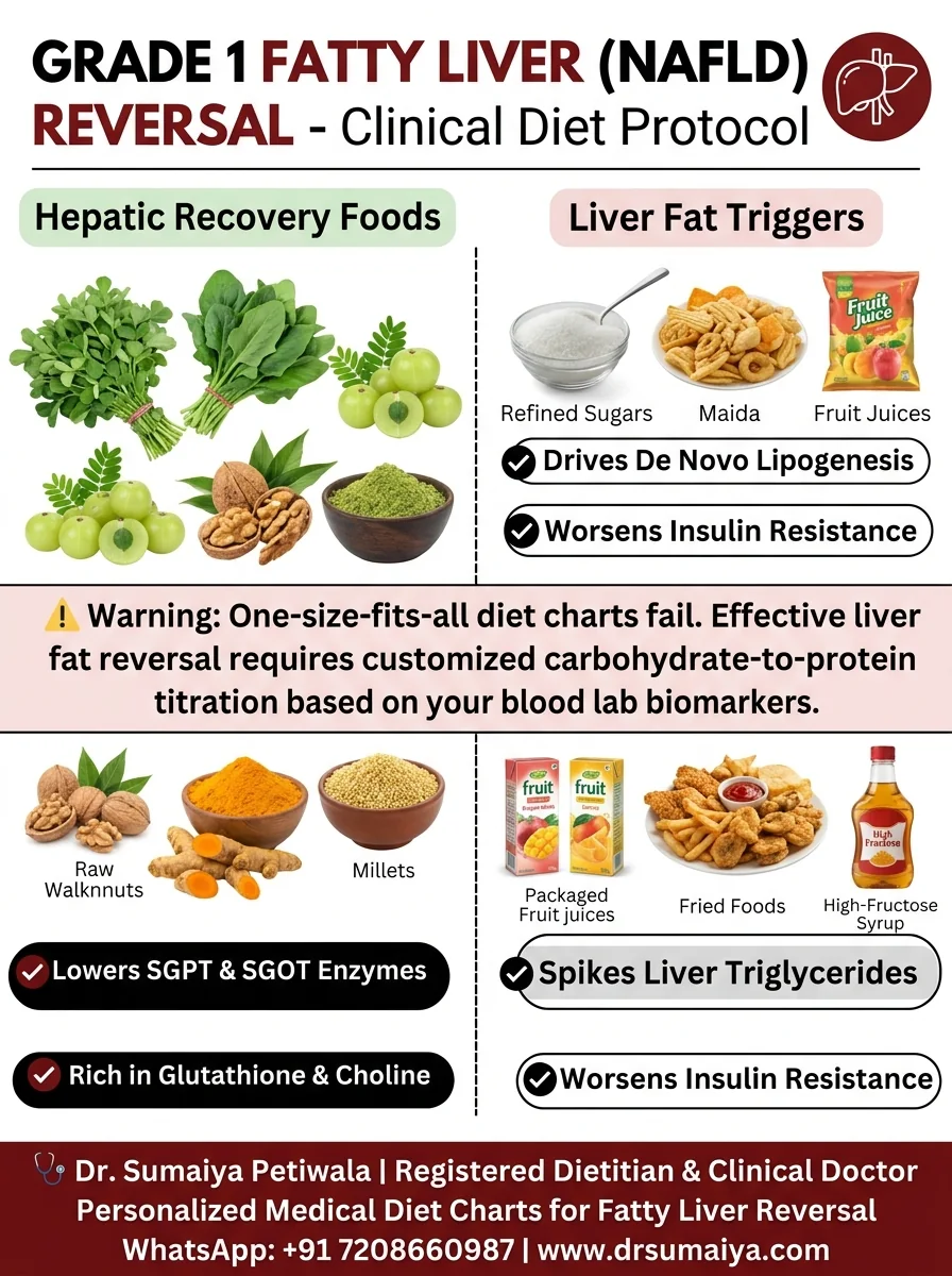 Grade 1 Fatty Liver NAFLD Clinical Diet Protocol Infographic with Dr. Sumaiya CTA