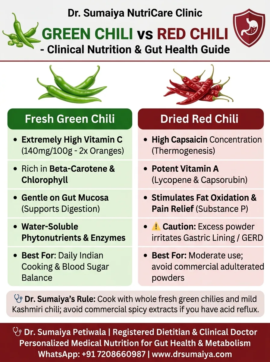 Green Chili vs Red Chili in Indian Cooking Clinical Nutrition and Gut Health Infographic with Dr. Sumaiya CTA