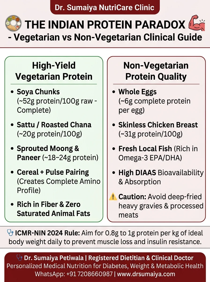 The Indian Protein Paradox: Vegetarian vs Non-Vegetarian Clinical Guide Infographic with Dr. Sumaiya CTA