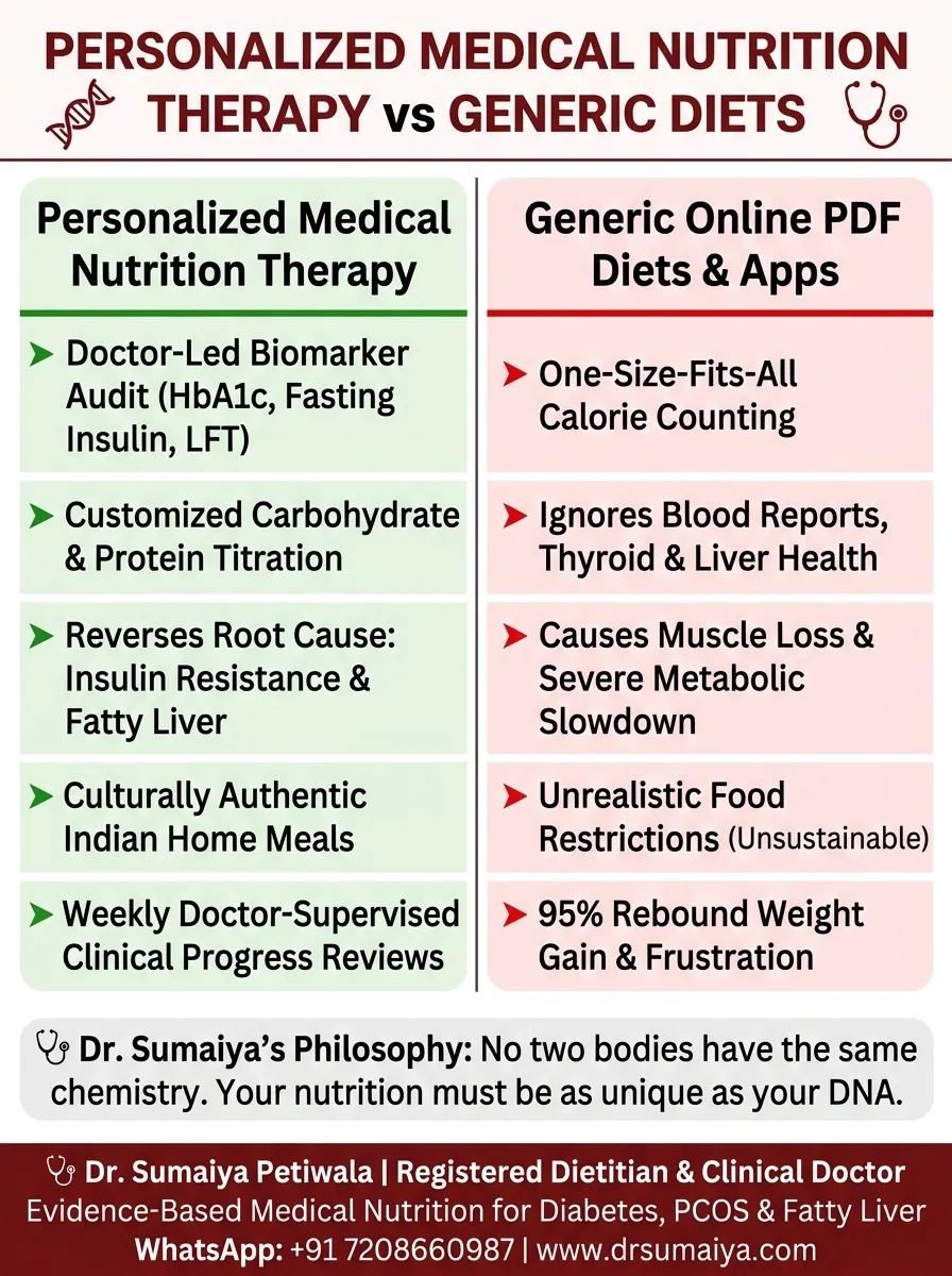 Personalized Medical Nutrition Therapy vs Generic Online Diets Infographic with Dr. Sumaiya CTA