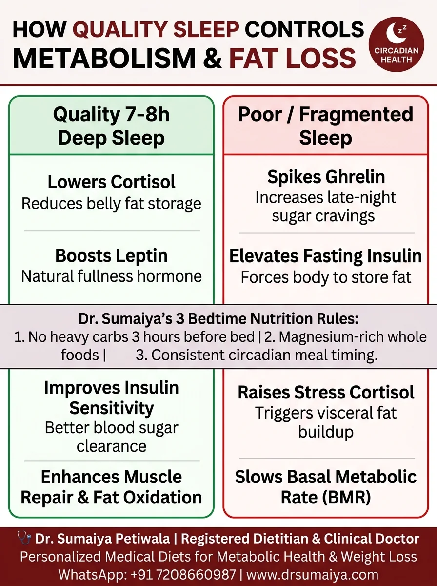 How Quality Sleep Controls Metabolism and Fat Loss Clinical Infographic with Dr. Sumaiya CTA