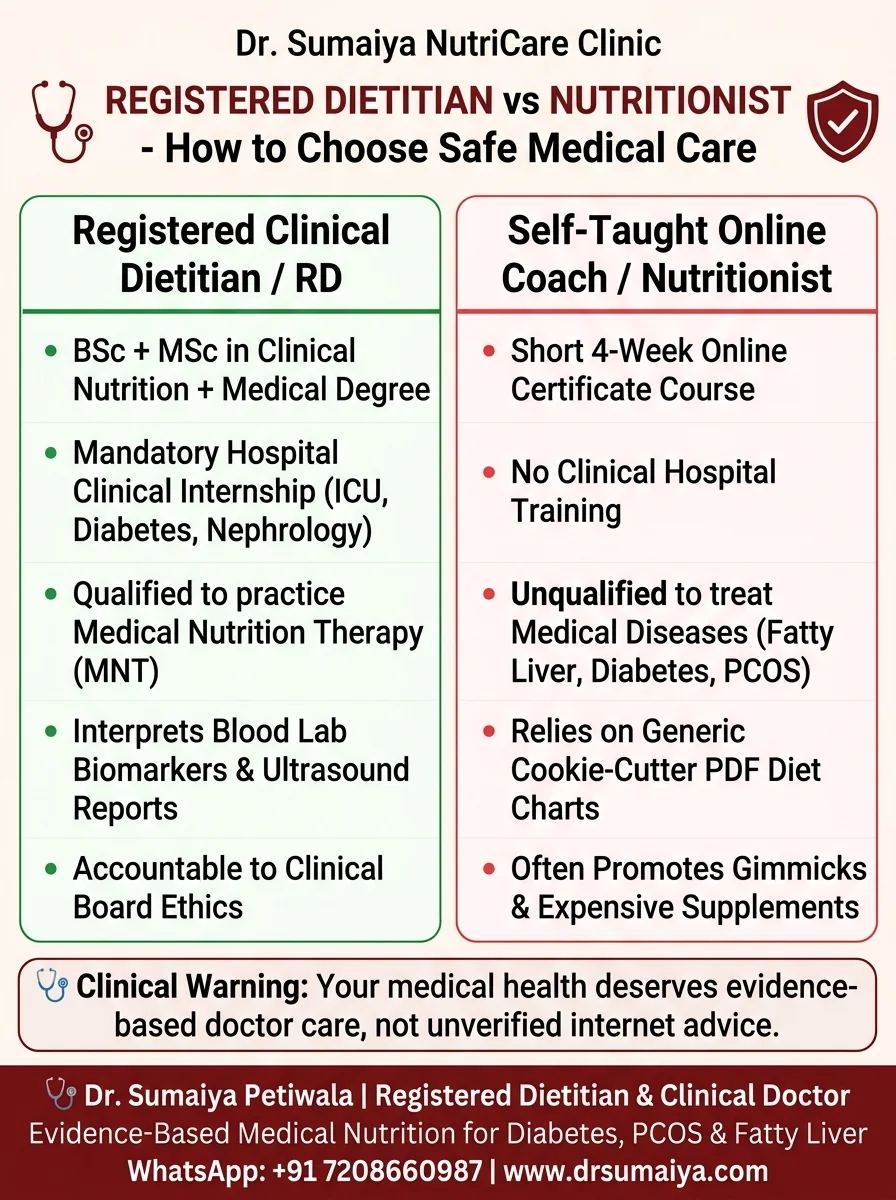 Registered Dietitian vs Nutritionist in India Clinical Comparison Infographic with Dr. Sumaiya CTA