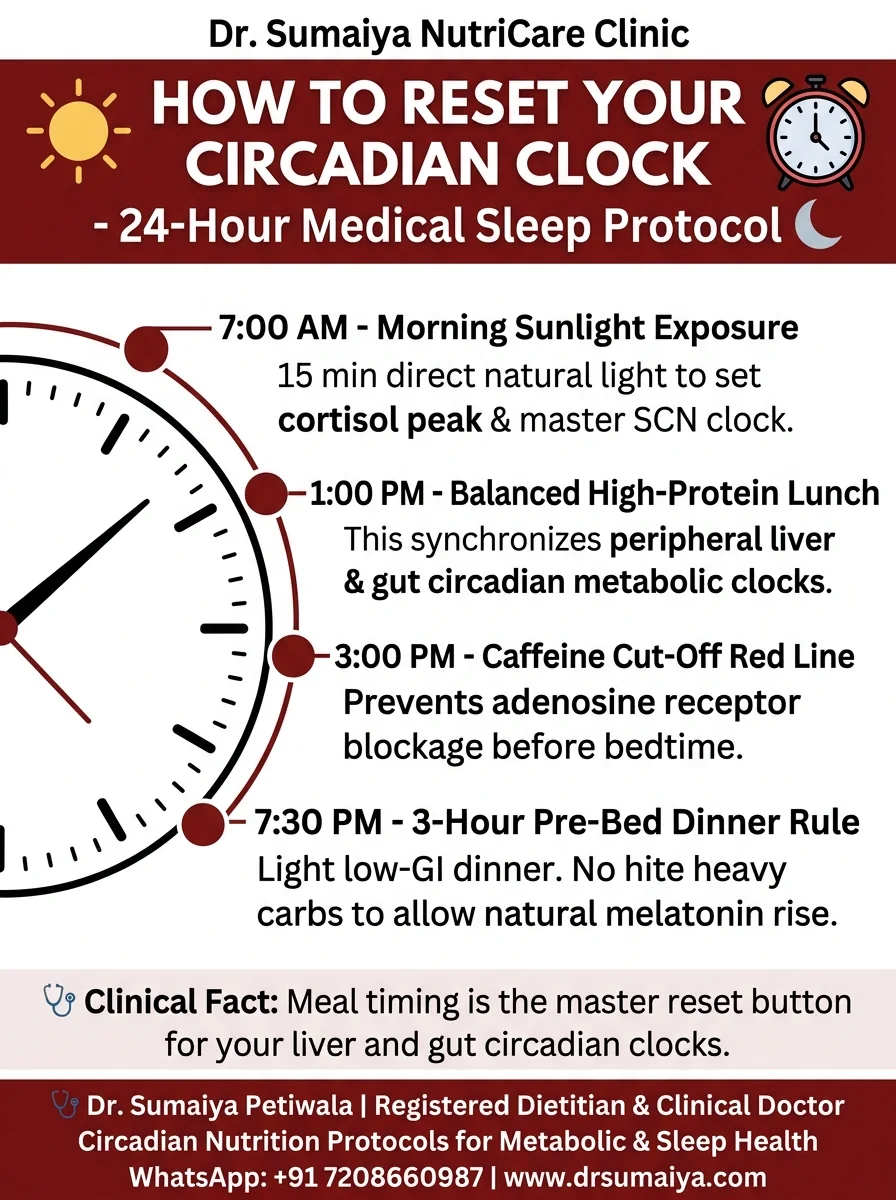 How to Reset Your Circadian Rhythm Clinical Sleep and Nutrition Protocol Infographic with Dr. Sumaiya CTA