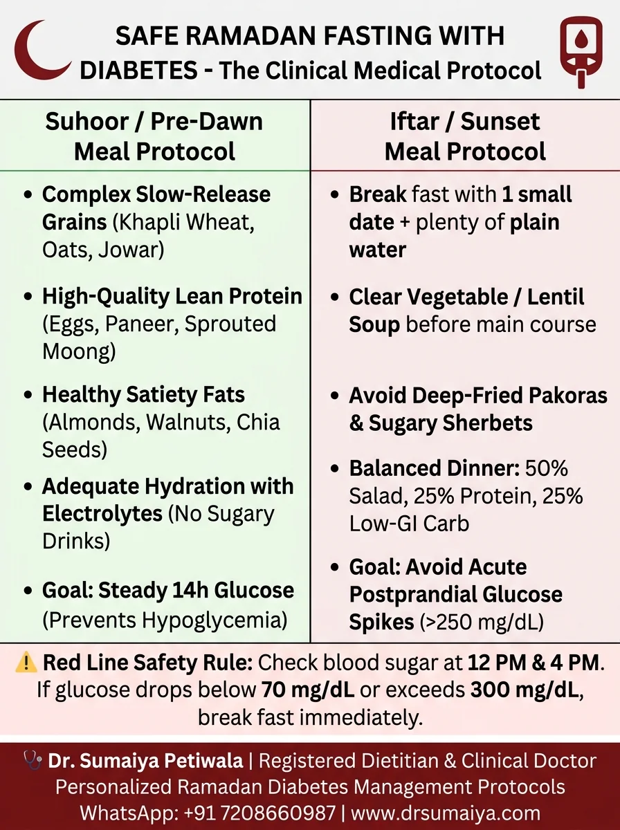 Safe Ramadan Fasting with Diabetes Clinical Medical Protocol Infographic with Dr. Sumaiya CTA