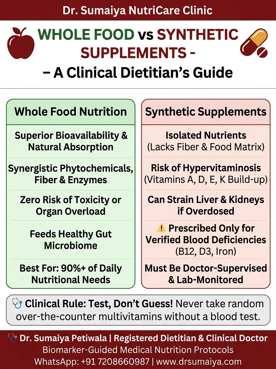 Whole Food Nutrition vs Synthetic Supplements Clinical Guide Infographic with Dr. Sumaiya CTA