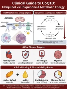 CoQ10 Clinical Benefits Ubiquinol vs Ubiquinone Dosing Guide Infographic - Dr. Sumaiya NutriCare