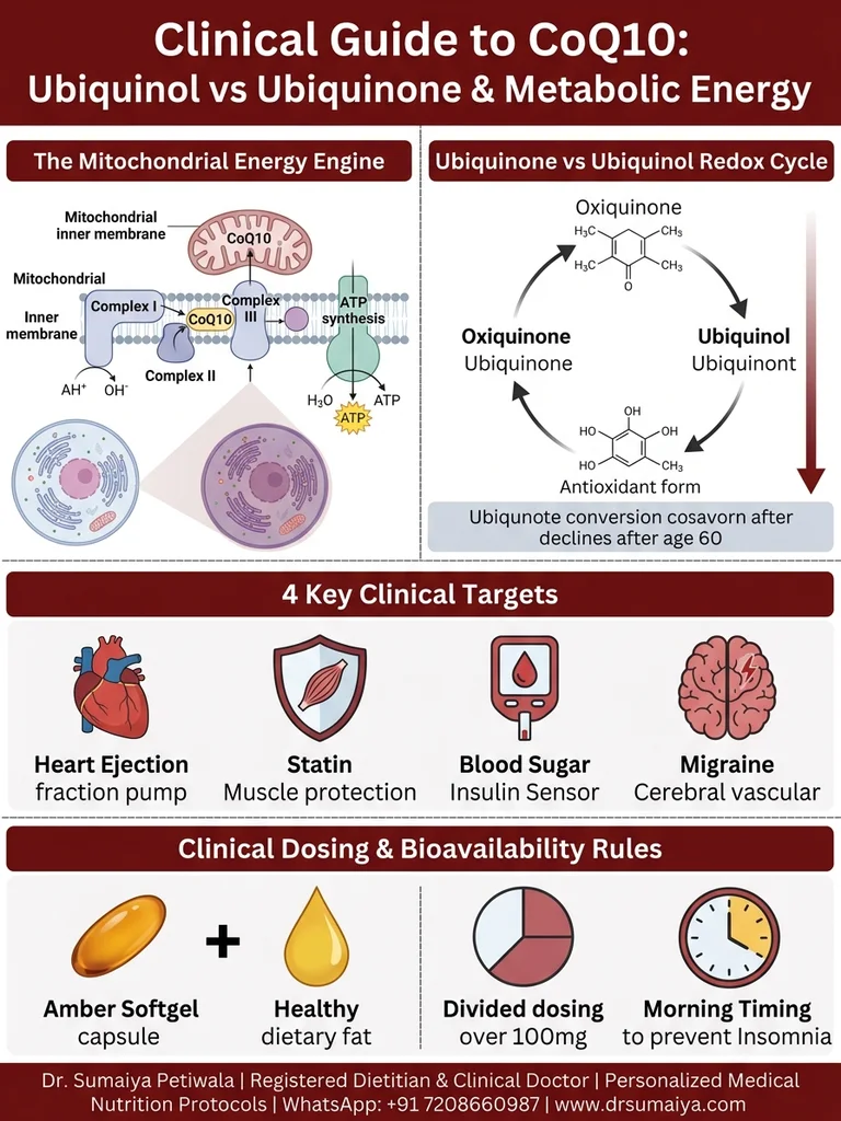 CoQ10 Clinical Benefits Ubiquinol vs Ubiquinone Dosing Guide Infographic - Dr. Sumaiya NutriCare