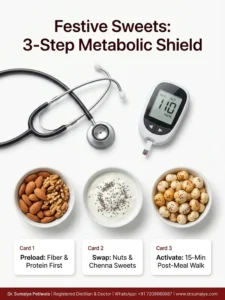 Festive Sweets 3-Step Metabolic Shield Clinical Guide Infographic - Dr. Sumaiya NutriCare