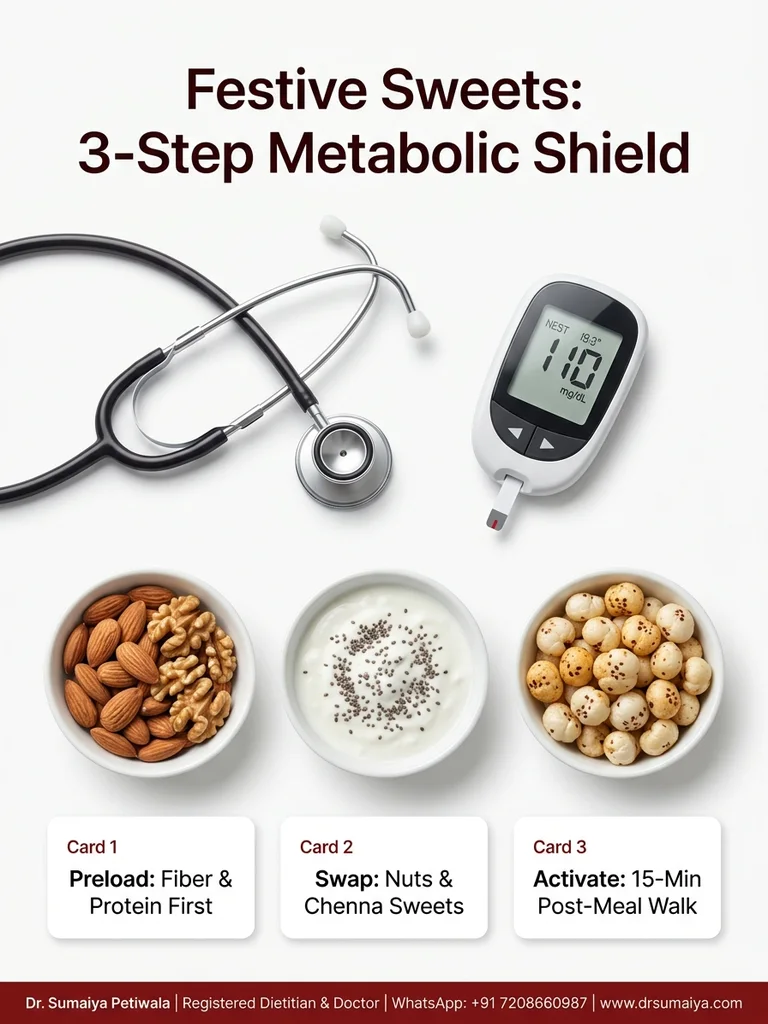 Festive Sweets 3-Step Metabolic Shield Clinical Guide Infographic - Dr. Sumaiya NutriCare