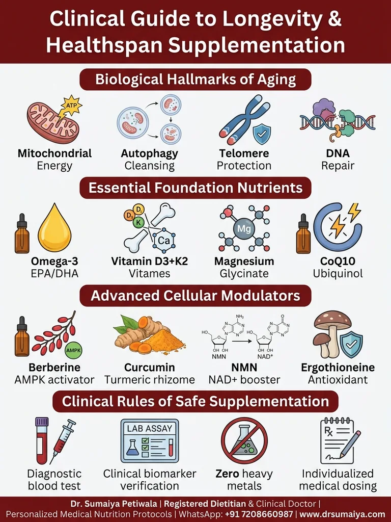 Top 10 Supplements for Enhancing Healthspan Clinical Longevity Infographic with Dr. Sumaiya CTA