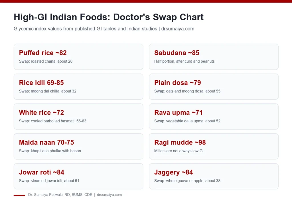 Chart of 15 high glycemic index Indian foods such as puffed rice, sabudana, idli, dosa and ragi mudde, with low GI Indian swaps
