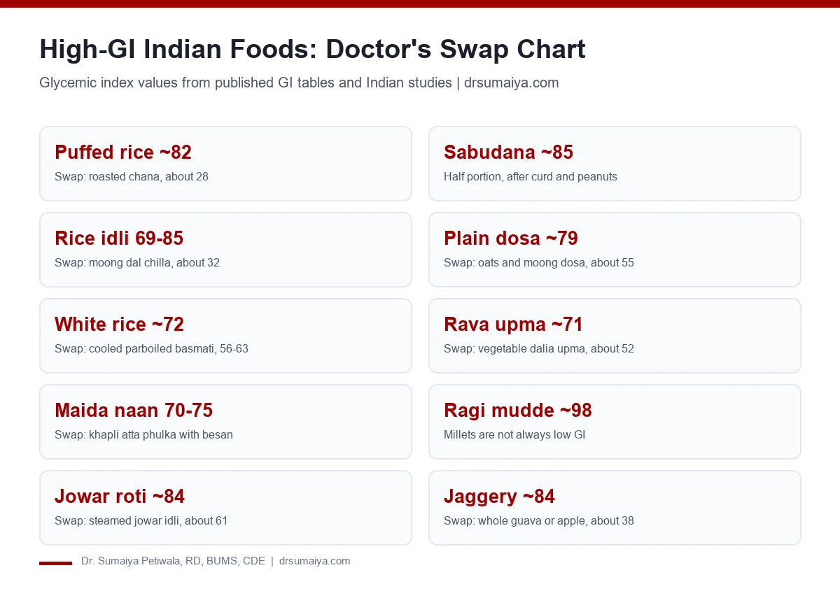 Chart of 15 high glycemic index Indian foods such as puffed rice, sabudana, idli, dosa and ragi mudde, with low GI Indian swaps