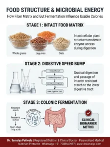 Gut microbiome calorie absorption and weight loss clinical infographic: how food structure, plant fiber matrices, and microbial fermentation influence energy availability