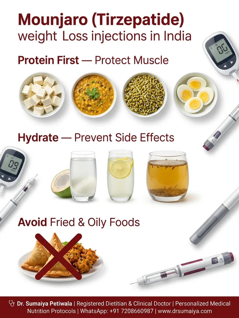 Mounjaro Tirzepatide Diet Plan India - Protein First Hydration Avoid Fried Foods - Dr Sumaiya Petiwala