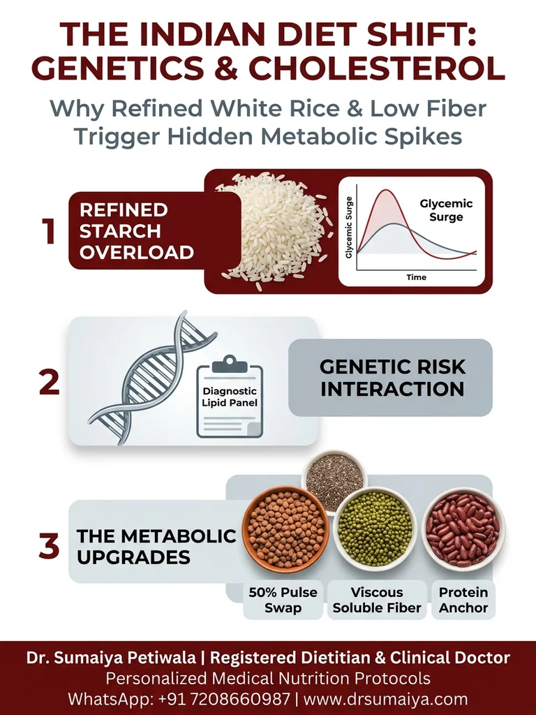 Nutrigenomics and Indian Diet Shift clinical infographic: how refined white rice triggers genetic cholesterol spikes and 3 metabolic upgrades