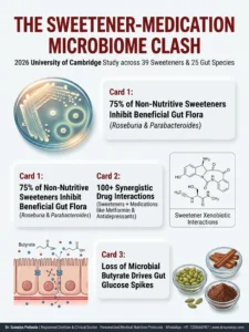 Artificial sweeteners gut microbiome side effects clinical infographic showing 2026 Cambridge University study findings on 39 sweeteners, bacterial inhibition, and medication interactions