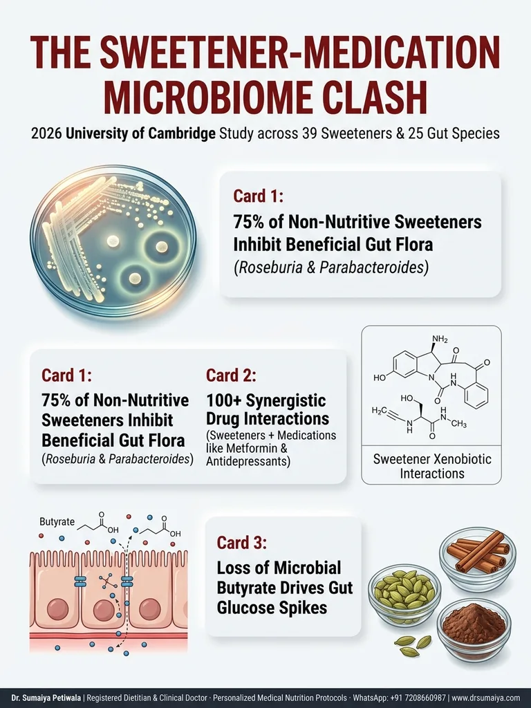 Artificial sweeteners gut microbiome side effects clinical infographic showing 2026 Cambridge University study findings on 39 sweeteners, bacterial inhibition, and medication interactions