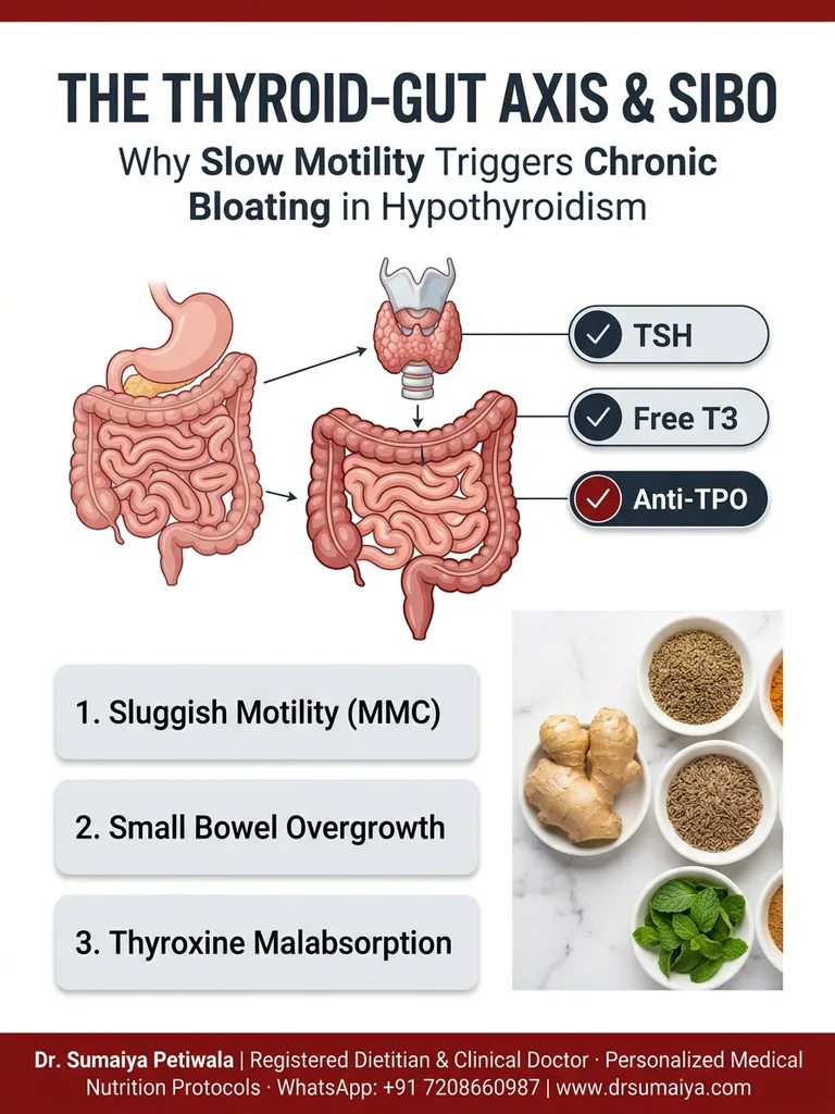 The Thyroid-Gut Axis and SIBO clinical infographic: why slow motility triggers chronic bloating and 3 medical nutrition solutions